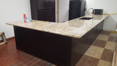 New cabinets installed in a kitchen.